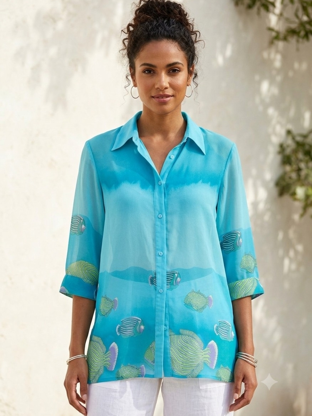 Vintage Kokomo Un Ltd Aqua Blue Ombre Tropical Fish Sheer Blouse OS